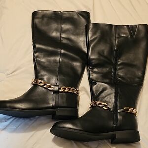 JustFab Black Heeled Boots with Gold Accent